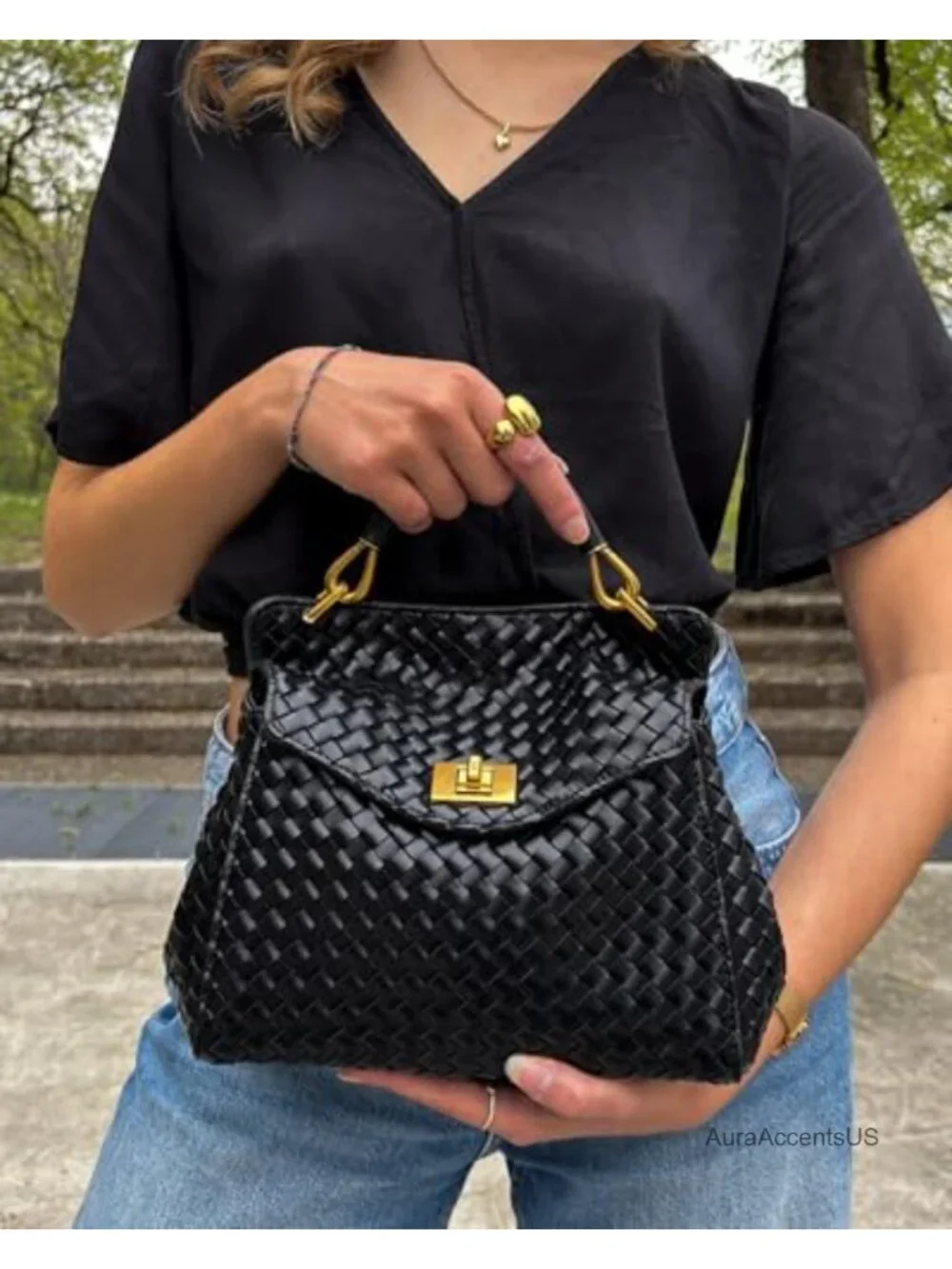 Vegan Leather Top Handle Satchel Crossbody Bag Gold Hardware